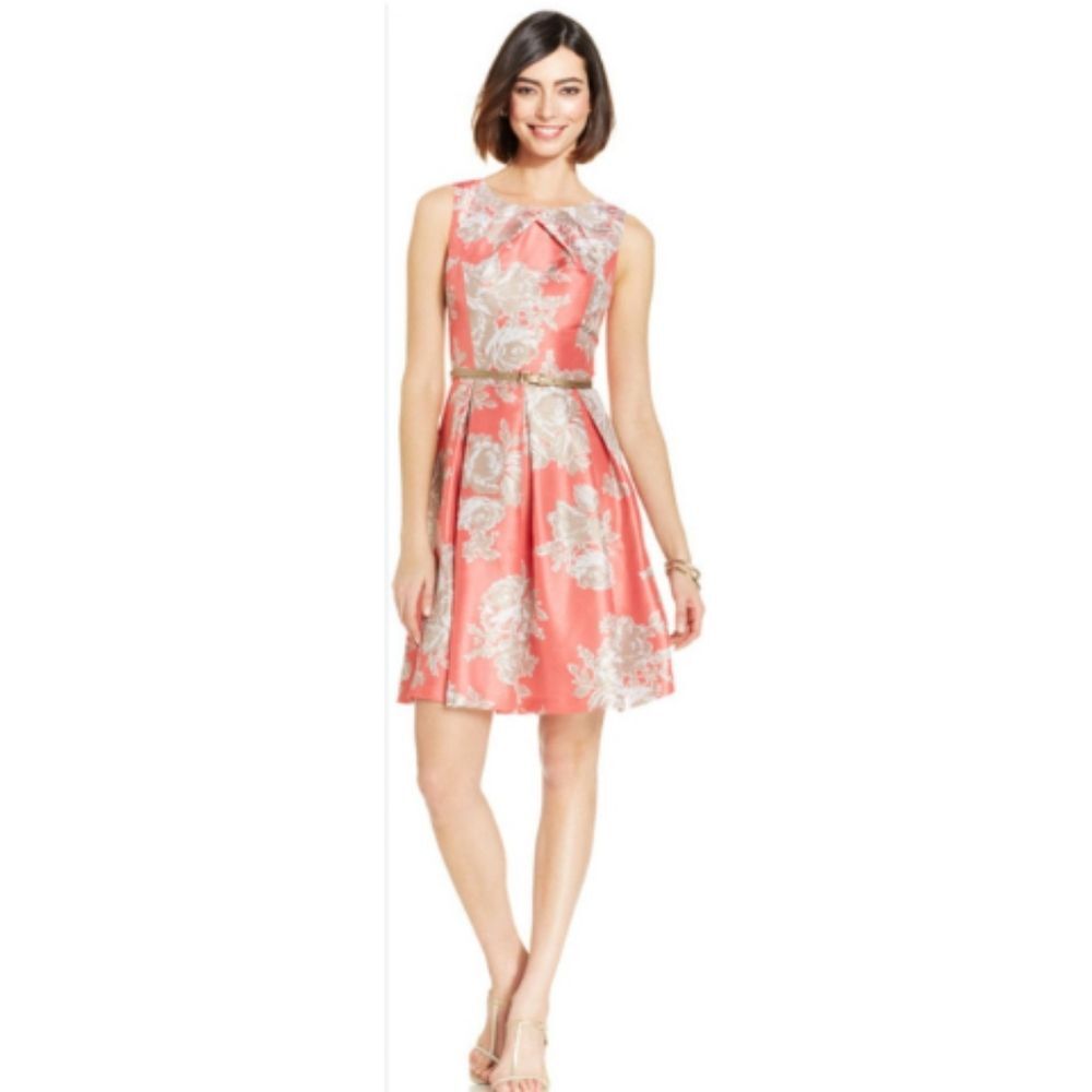 Jessica Howard Sleeveless A-Line Belted Floral Dress Coral Size 10